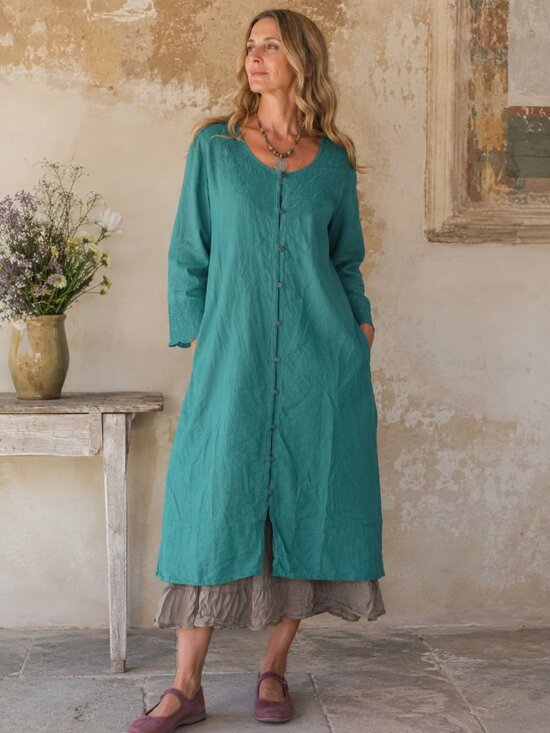 Gudrun Sjoden Dresses & Skirts - Gudrun Sjoden Teal Embroidered Button Down Dress Cotton Linen Lagenlook Medium